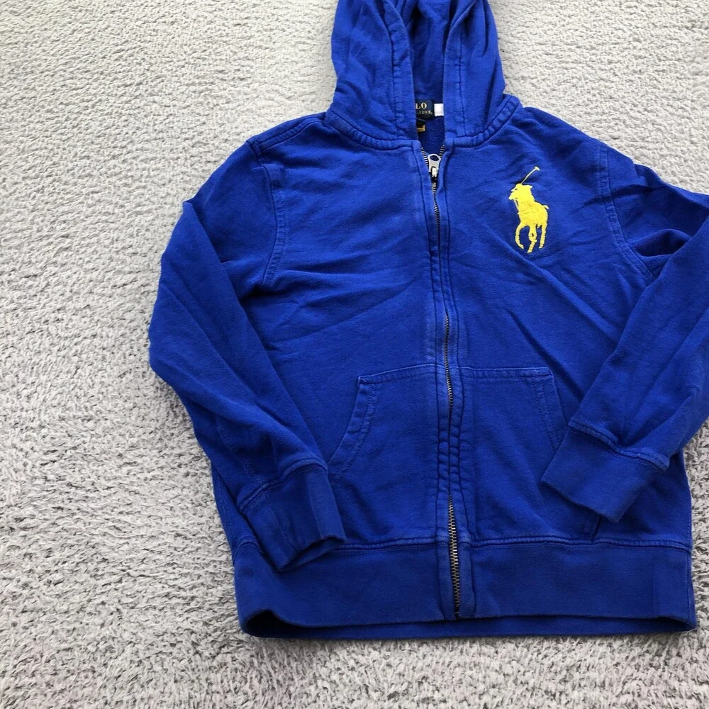 Polo Ralph Lauren Hoodie Boys Size 7 Blue Full Zip Fleece Big Pony Logo